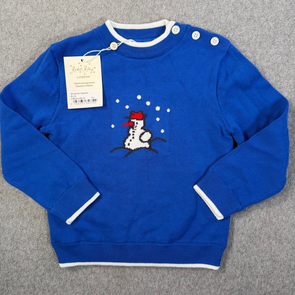 Rachel Riley London Boys 4Y Blue Snowman Sweater 100% Cotton NWT Christmas
